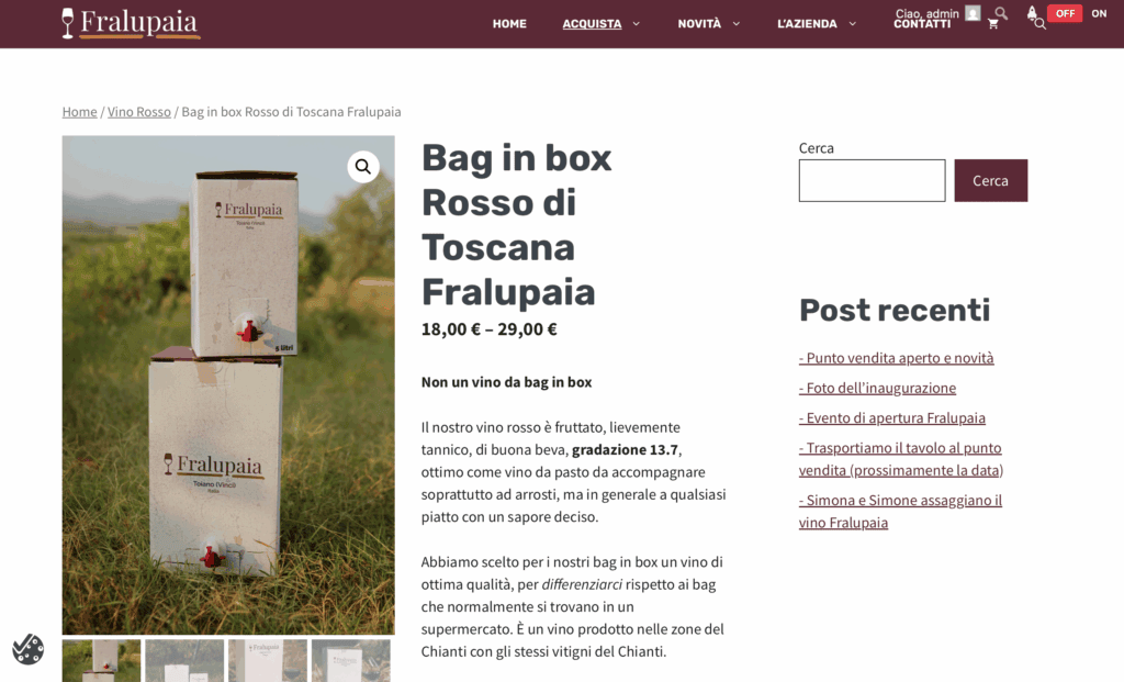 Screenshot dell'ecommerce sezione prodotto