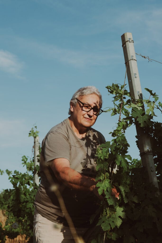 Manuela esegue l'allacciatura su una vite